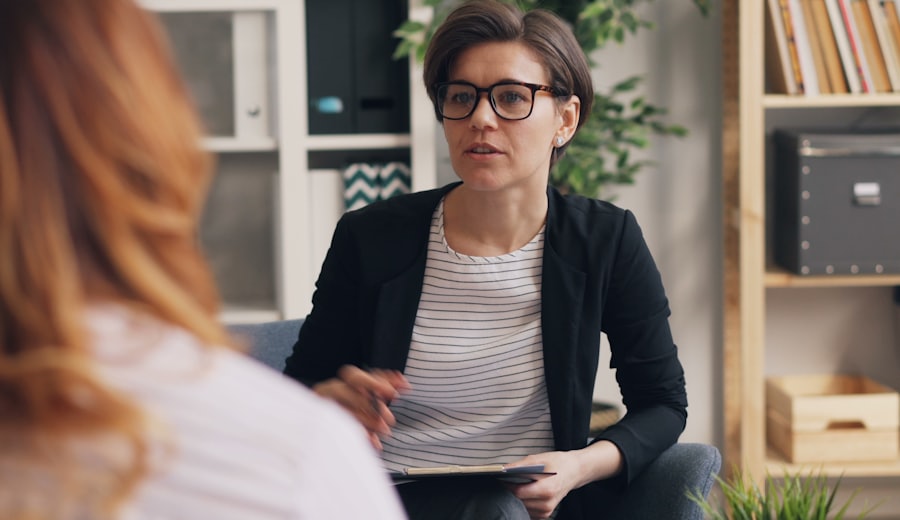 Two women talking during a therapy session